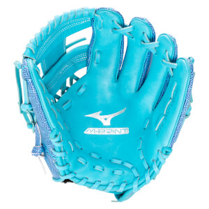 Front view of a bright blue baseball glove with a geometric pattern, Mizuno logo, and "M-PRINT" text.