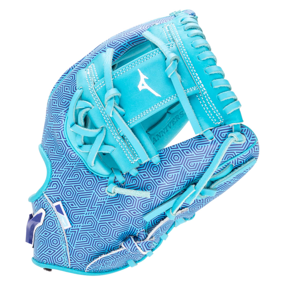 Front view of a bright blue baseball glove with a geometric pattern and white stitching, featuring the Mizuno logo.