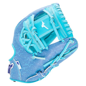 Front view of a bright blue baseball glove with a geometric pattern and white stitching, featuring the Mizuno logo.