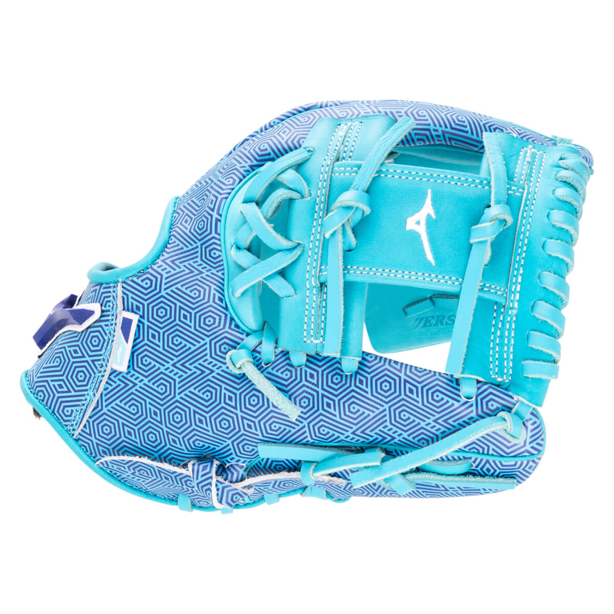 Side view of a blue baseball glove with a geometric pattern and a white Mizuno logo.