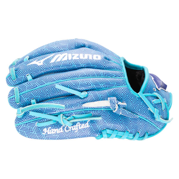 Side view of a blue baseball glove with a geometric pattern, featuring white "Mizuno" and "Hand Crafted" text.