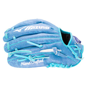 Side view of a blue baseball glove with a geometric pattern, featuring white "Mizuno" and "Hand Crafted" text.