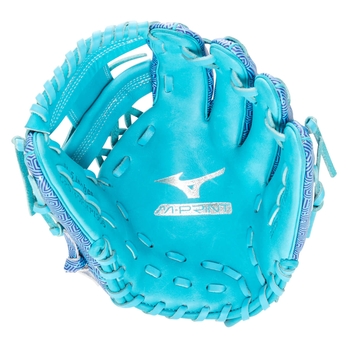 Top-down view of a bright blue Mizuno baseball glove with a geometric purple pattern and "M-PRINT" text.