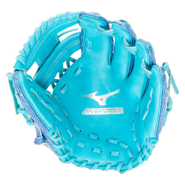 Top-down view of a bright blue Mizuno baseball glove with a geometric purple pattern and "M-PRINT" text.