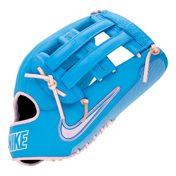 Angled front view of a bright blue baseball glove with a pink Nike swoosh, pink lacing, and NIKE text on the wrist.