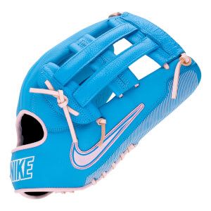 Angled front view of a bright blue baseball glove with a pink Nike swoosh, pink lacing, and NIKE text on the wrist.