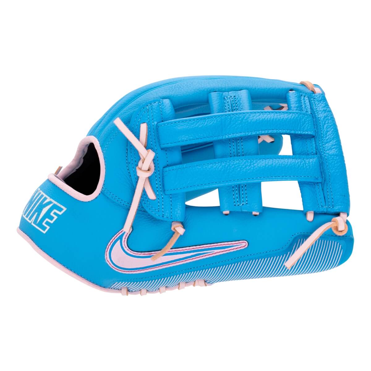 Side view of a bright blue baseball glove with pink lacing, a pink Nike swoosh, and NIKE text on the wrist.