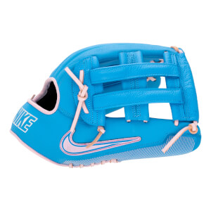 Side view of a bright blue baseball glove with pink lacing, a pink Nike swoosh, and NIKE text on the wrist.