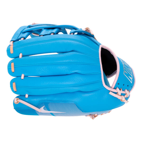 Side view of a bright blue baseball glove with pink/tan lacing, a white striped Nike swoosh, and NIKE text on the wrist.