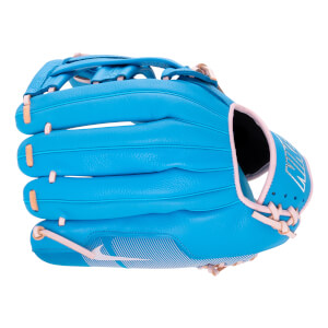 Side view of a bright blue baseball glove with pink/tan lacing, a white striped Nike swoosh, and NIKE text on the wrist.