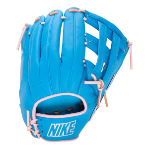 Front view of a bright blue baseball glove with white NIKE logo, light pink lacing, and a visible web.