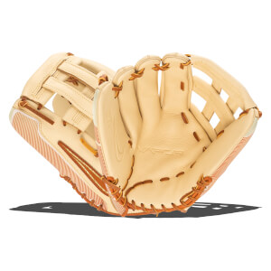Close-up view of a tan baseball glove showing the "VAPOR" logo, a Nike swoosh, and striped detailing.