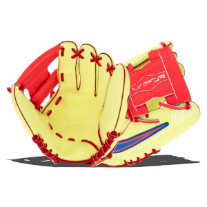 Side view of a yellow baseball glove with red lacing and red accents, showing the "VAPOR" logo.