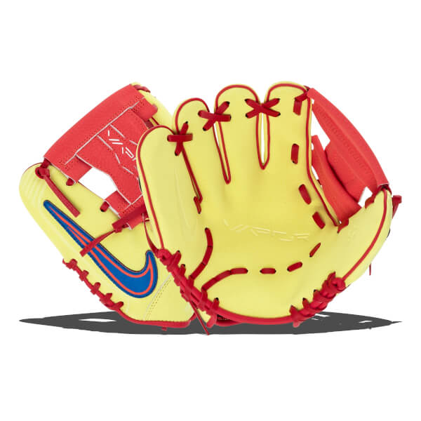 Angled view of a yellow Nike baseball glove with red lacing, a blue swoosh, and VAPOR embossed on the palm.