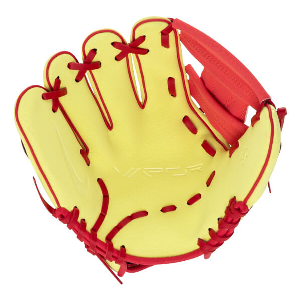 Front view of a yellow baseball glove with red lacing, red trim, and VAPOR embossed on the palm.