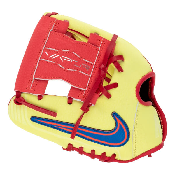 Angled view of a yellow and red baseball glove with a blue Nike swoosh and VAPOR on the web.