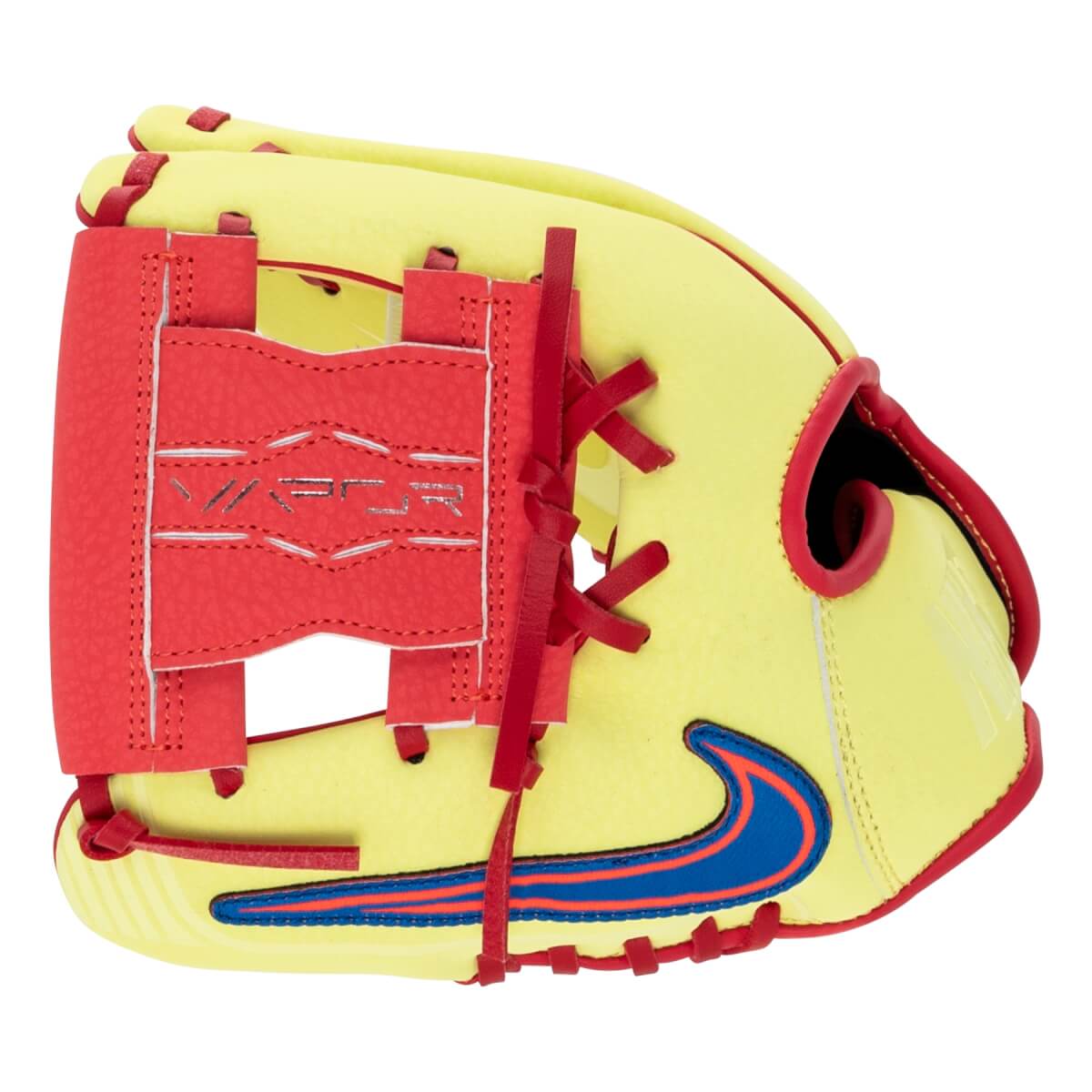 Front view of a yellow baseball glove with red lacing, a blue Nike swoosh, and VAPOR text on the finger backing.