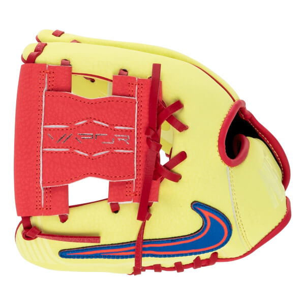 Front view of a yellow baseball glove with red lacing, a blue Nike swoosh, and VAPOR text on the finger backing.