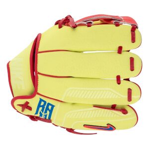 Front view of a yellow baseball glove with red lacing, blue RA text, and embossed NIKE on the wrist.