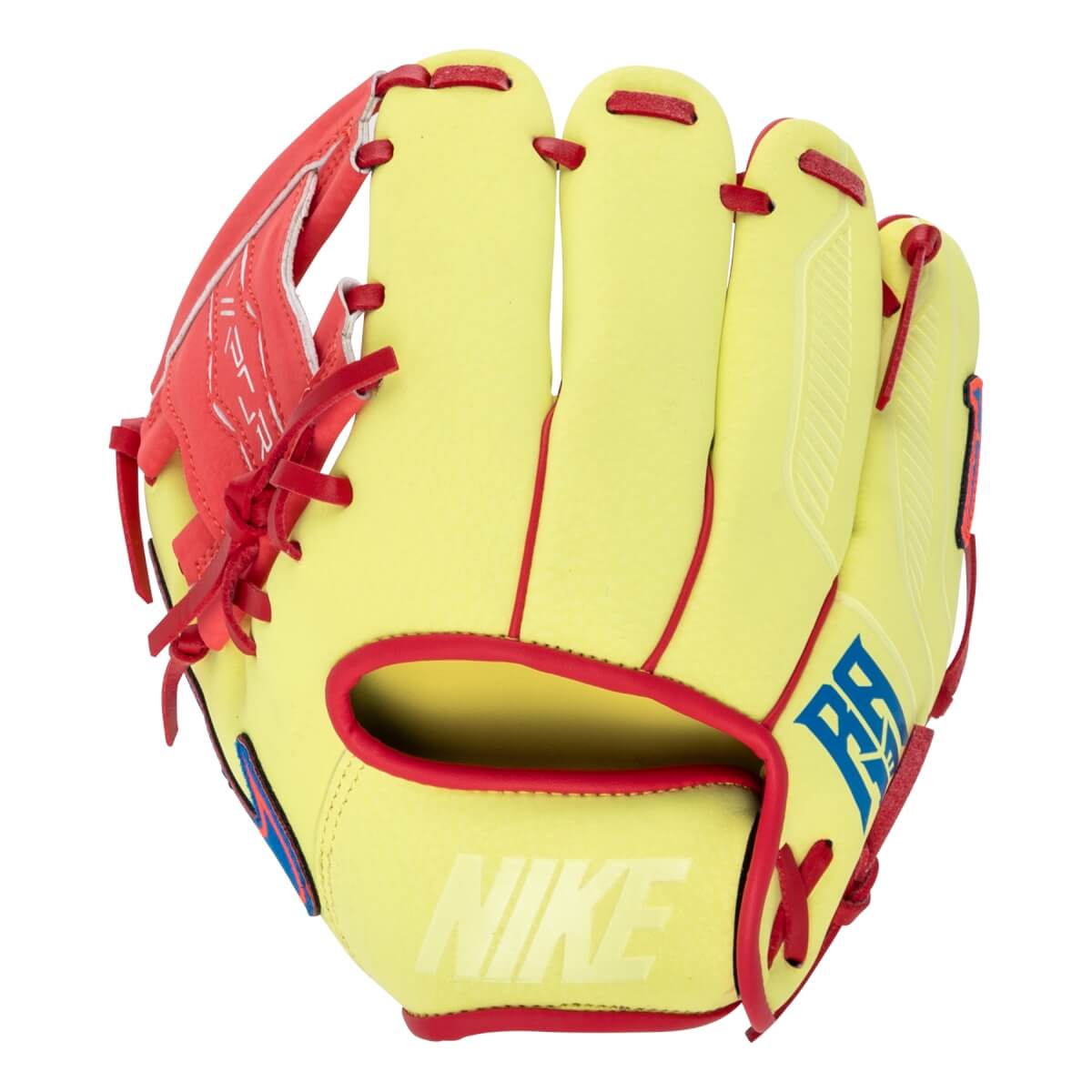 Front view of a yellow baseball glove with red lacing, a NIKE logo, and blue RA initials.