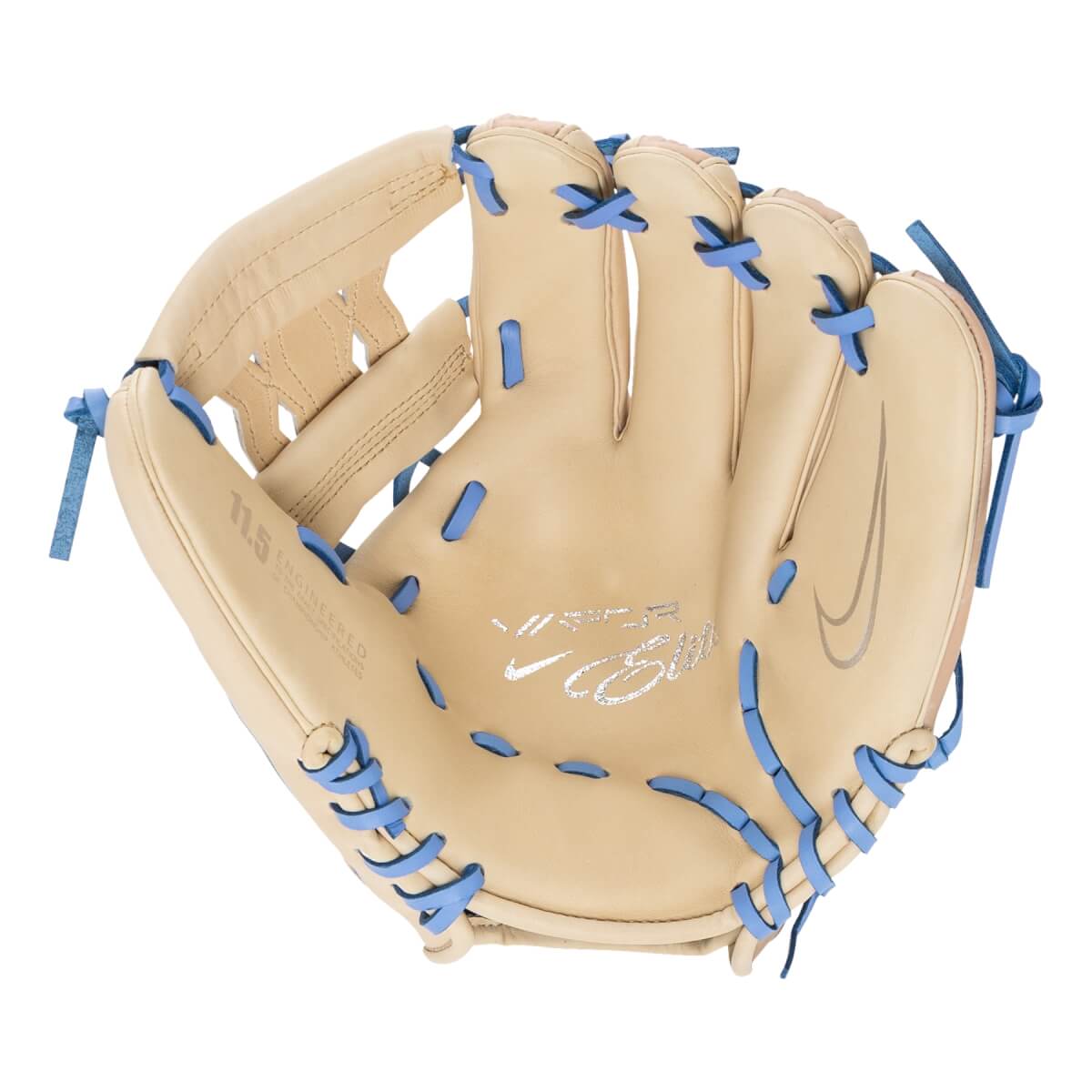 Front view of a tan baseball glove with light blue lacing, a Nike swoosh, and VAPOR ELITE on the palm.