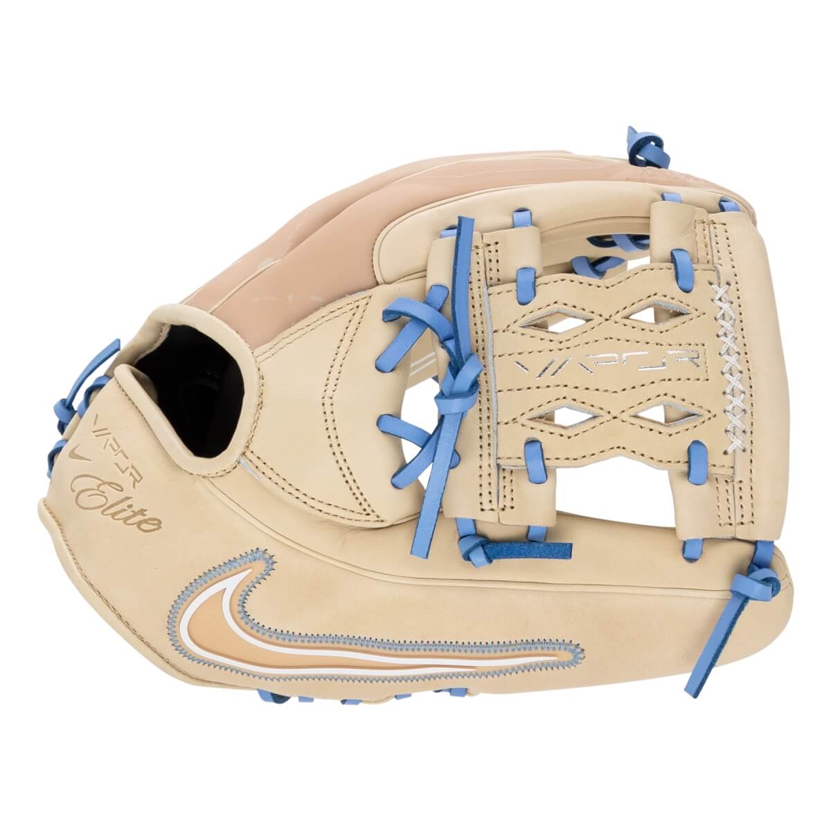 Front view of a tan baseball glove with light blue laces, Nike swoosh, and Vapor Elite on the thumb.