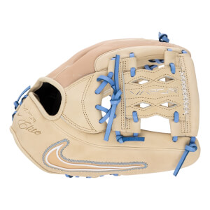 Front view of a tan baseball glove with light blue laces, Nike swoosh, and Vapor Elite on the thumb.