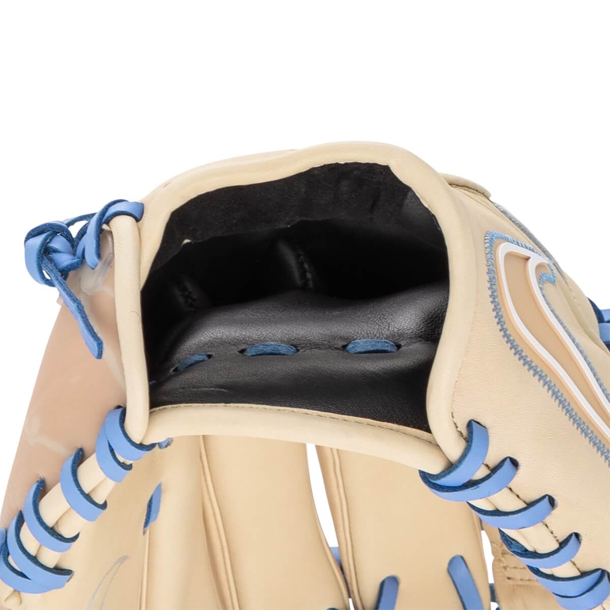 Close-up view of a tan baseball glove with black palm, light blue lacing, and a Nike swoosh outline.