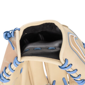 Close-up view of a tan baseball glove with black palm, light blue lacing, and a Nike swoosh outline.