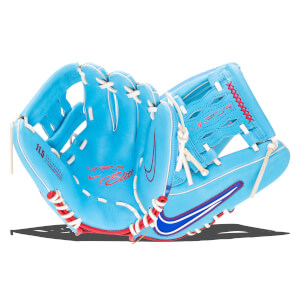 Front view of a light blue baseball glove with red and white lacing, featuring a Nike swoosh and "Viper Elite" text.