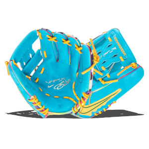 Front view of a bright blue baseball glove with yellow lacing and rainbow accents, featuring "Viper Elite" and "US STEERHIDE" text.