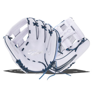 Front view of a white Nike Elite baseball glove with navy blue lacing and purple stitching.