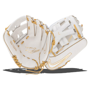 Front view of two white baseball gloves with gold accents, showing the "Vapor Elite" and Nike swoosh logos.