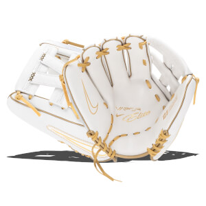 Front view of a white Nike Vapor Elite 12.5" baseball glove with gold accents and lacing.