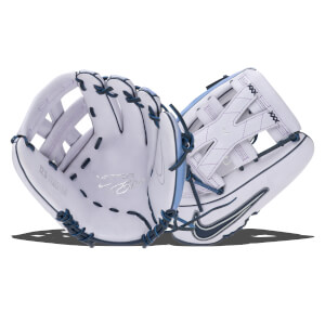 Top-down view of two white Nike softball gloves with navy blue lacing and light blue trim, showing the "Elite" logo.