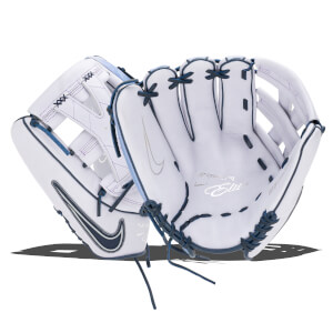 Front view of a white Nike Elite softball glove with navy blue lacing and purple stitching.