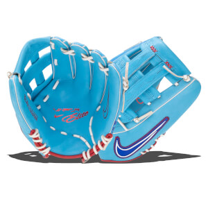Front view of a bright blue Nike baseball glove with red and white lacing and a red "Elite" logo.