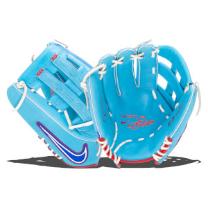 Front view of a blue baseball glove with red stitching, a white Nike swoosh, and "Viper Elite" text.
