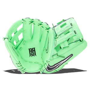 Front view of a neon green baseball glove with black Nike swoosh and "12.75" text.