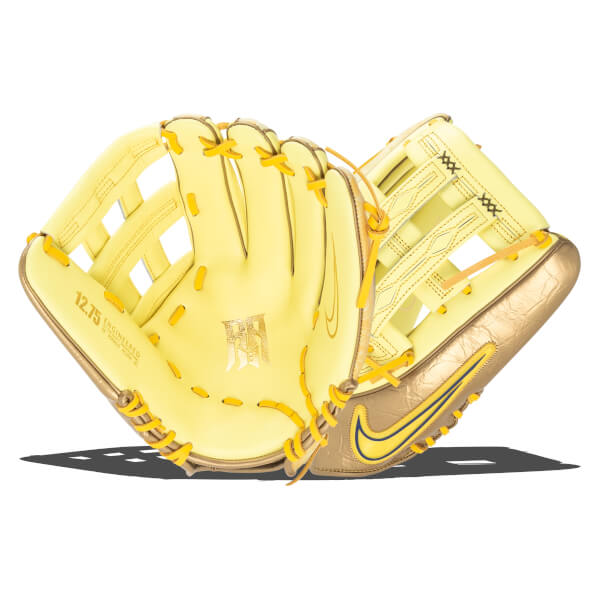 Front view of a yellow baseball glove with gold accents, a Nike swoosh, and "12.75 ENGINEERED" text.