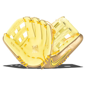 Front view of a yellow baseball glove with gold accents, a Nike swoosh, and "12.75 ENGINEERED" text.