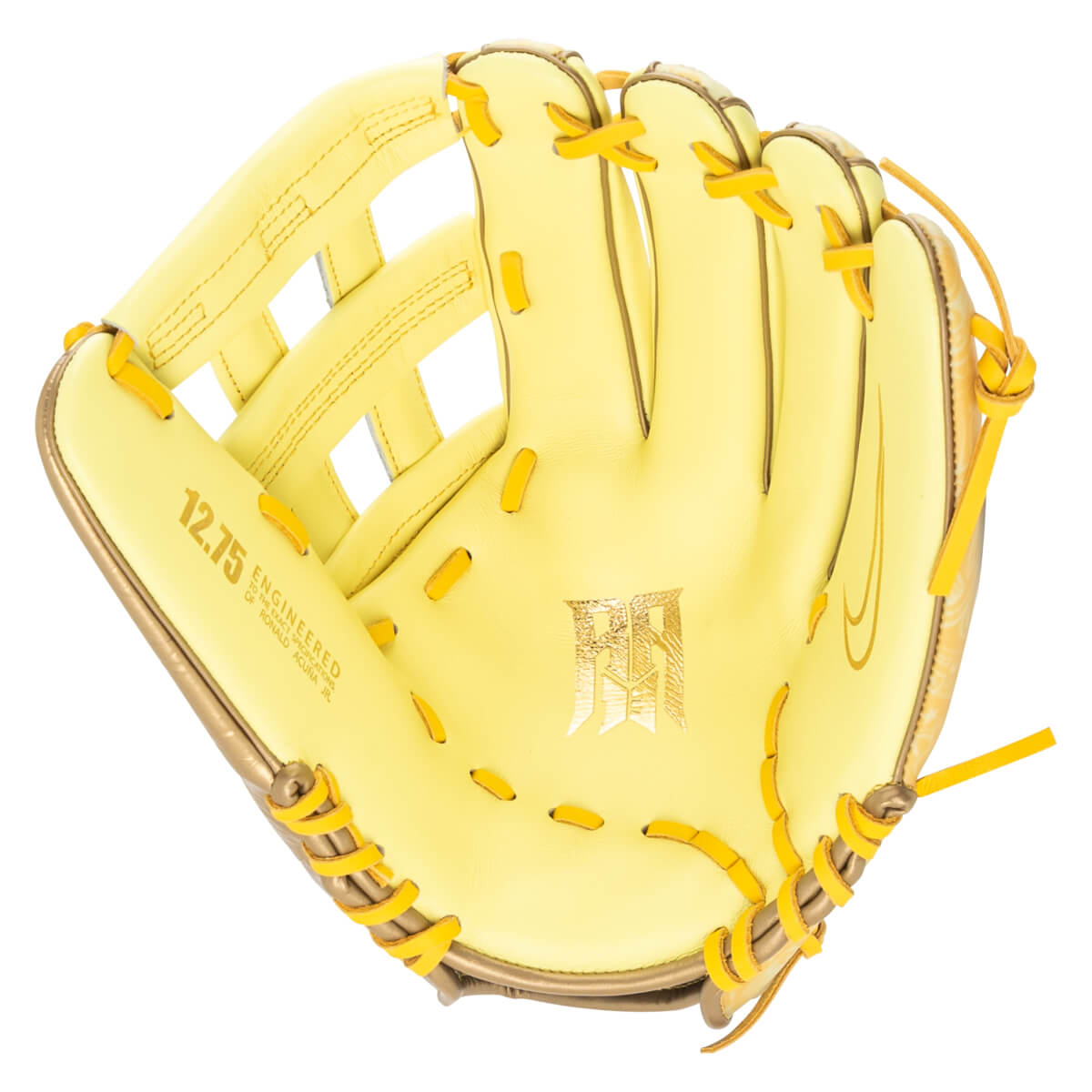 Top-down view of a yellow baseball glove with gold trim, featuring "12.75 ENGINEERED" and a gold "RA" logo.