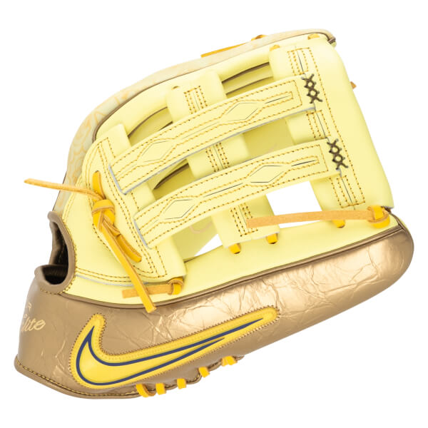 Front view of a yellow baseball glove with a gold palm, blue and yellow Nike swoosh, and "Elite" text.
