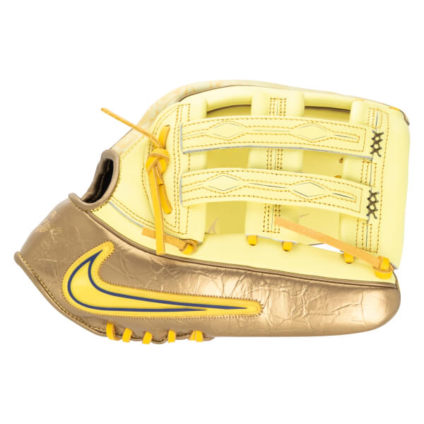 Front view of a yellow and gold baseball glove with a blue and yellow Nike swoosh logo.
