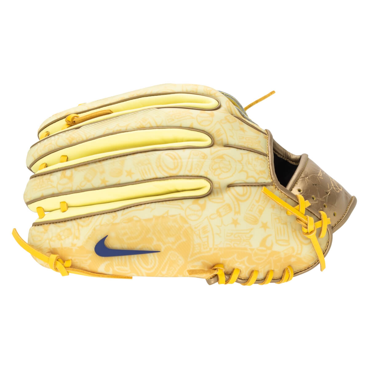 Side view of a yellow baseball glove with a repeating pattern of cartoon baseball elements and a blue Nike swoosh.