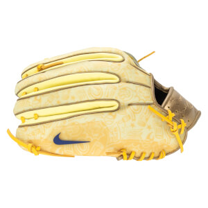 Side view of a yellow baseball glove with a repeating pattern of cartoon baseball elements and a blue Nike swoosh.