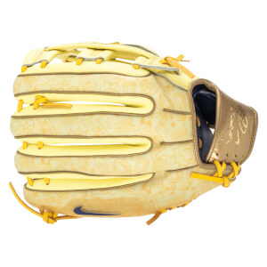 Side view of a yellow baseball glove with a cartoon pattern, gold accents, and a blue Nike swoosh.
