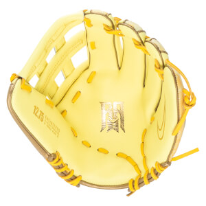 Top-down view of a yellow baseball glove with gold trim, featuring a Nike swoosh and "12.75 ENGINEERED" text.