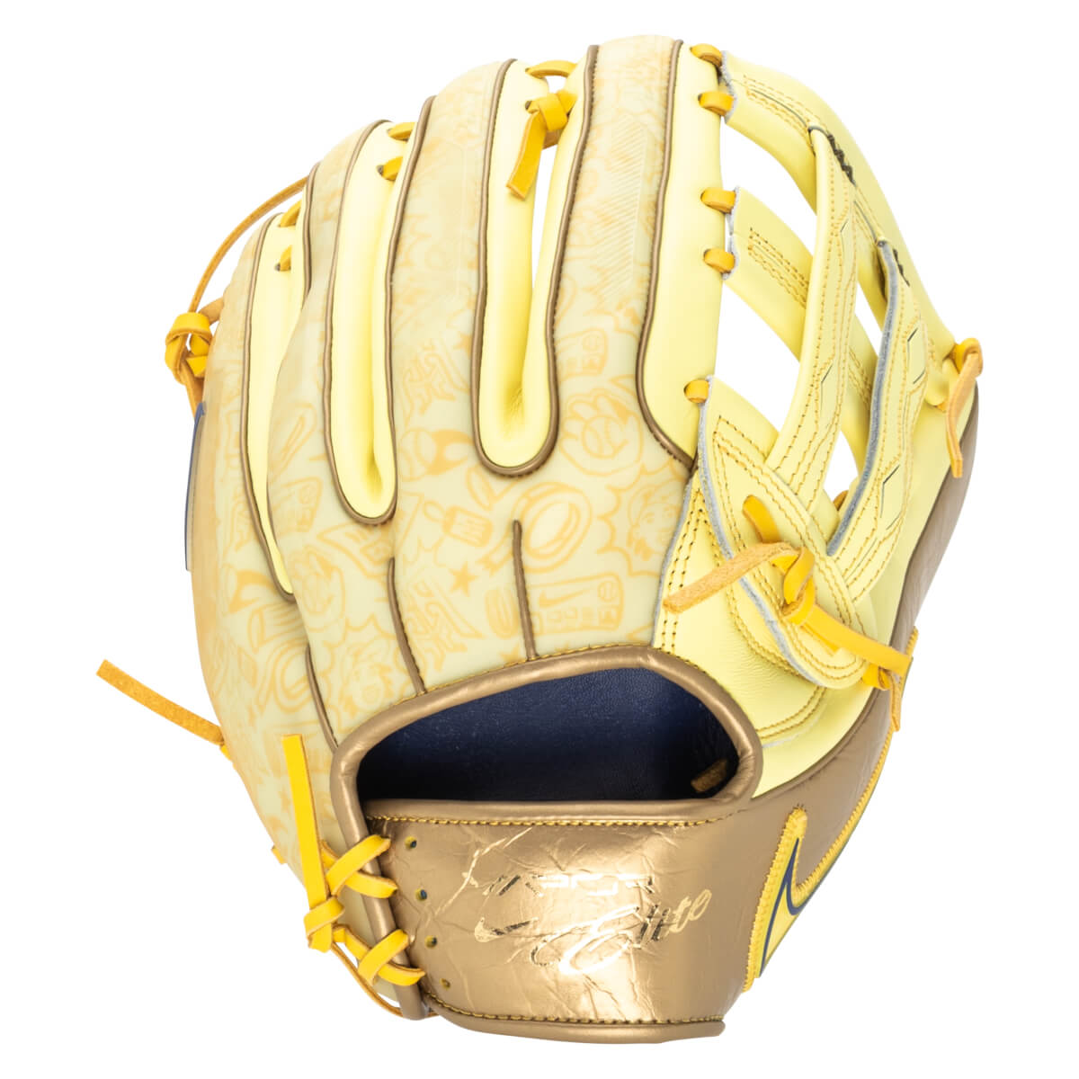 Front view of a yellow baseball glove with a repeating pattern of cartoon characters and baseballs, featuring gold accents and "Elite" text.