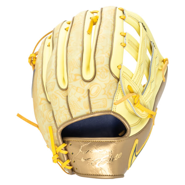 Front view of a yellow baseball glove with a repeating pattern of cartoon characters and baseballs, featuring gold accents and "Elite" text.